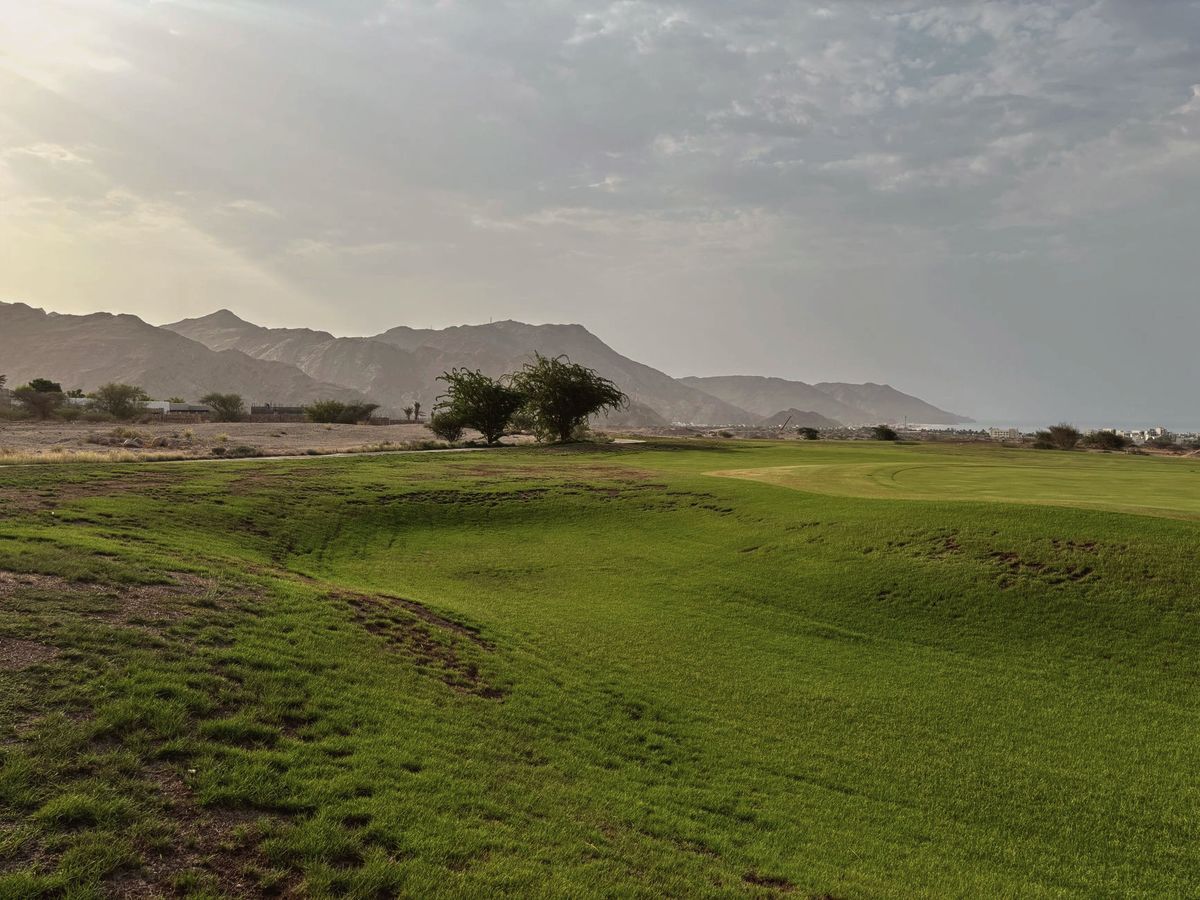Green fairway with desert mountains behind