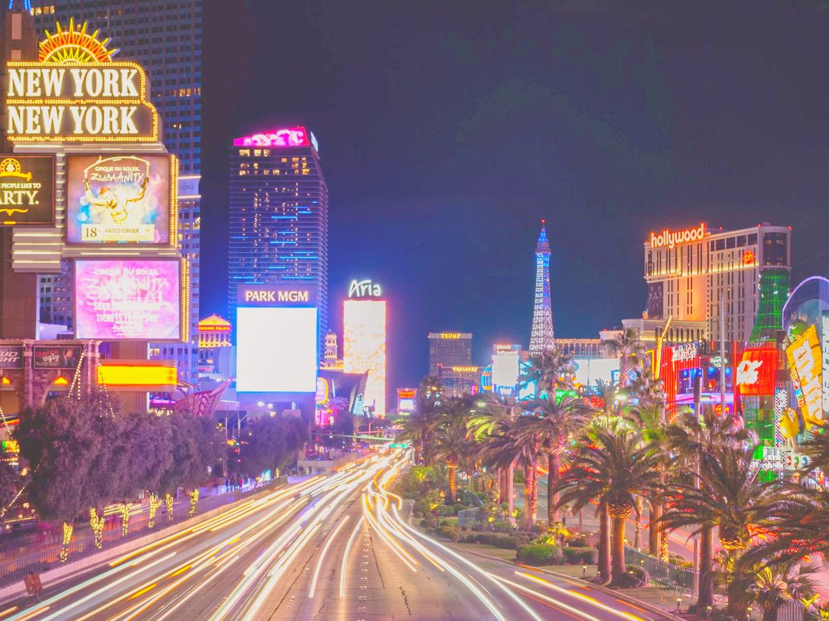 The Las Vegas Strip at night with light trails